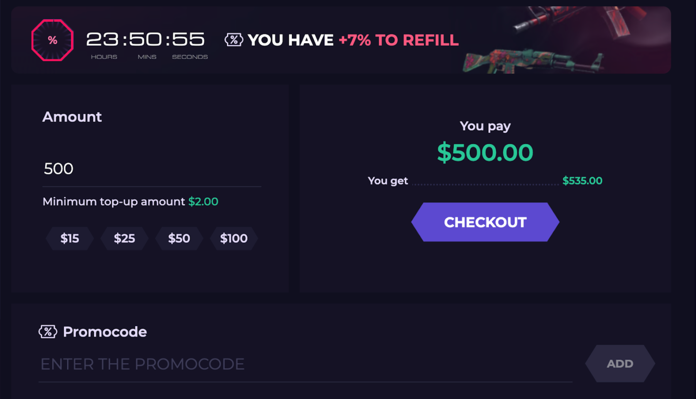 Skin Club deposit interface showing 7% bonus calculation